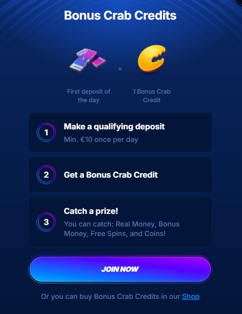 The Bonus Crab promotion screen at Boomerang Casino